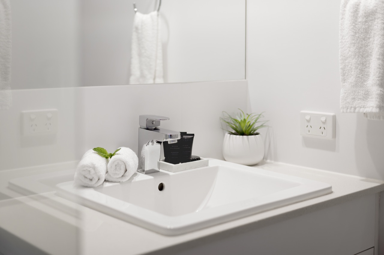 Bathroom vanity with rolled towels, premium amenities and a small plant