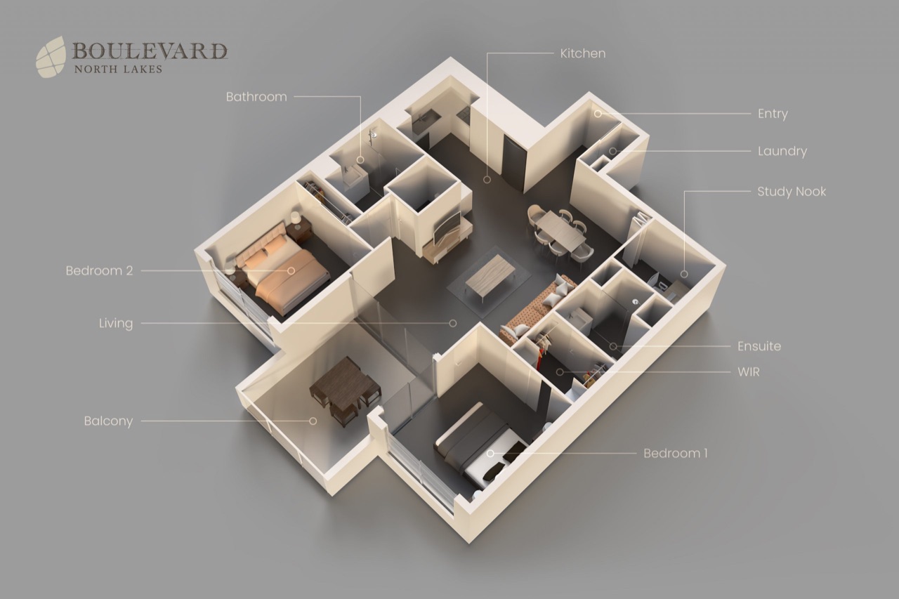 Two-bedroom, two-bathroom apartment floor plan, Layout B