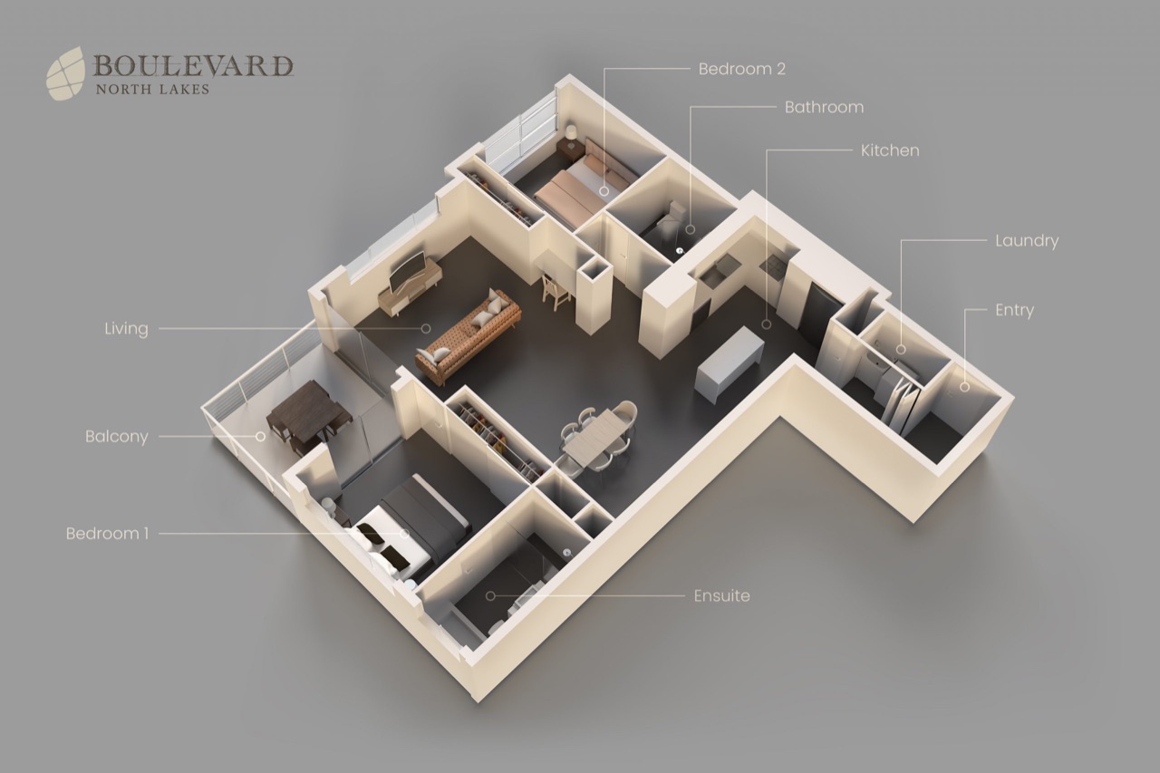 Two-bedroom, two-bathroom apartment floor plan, Layout C
